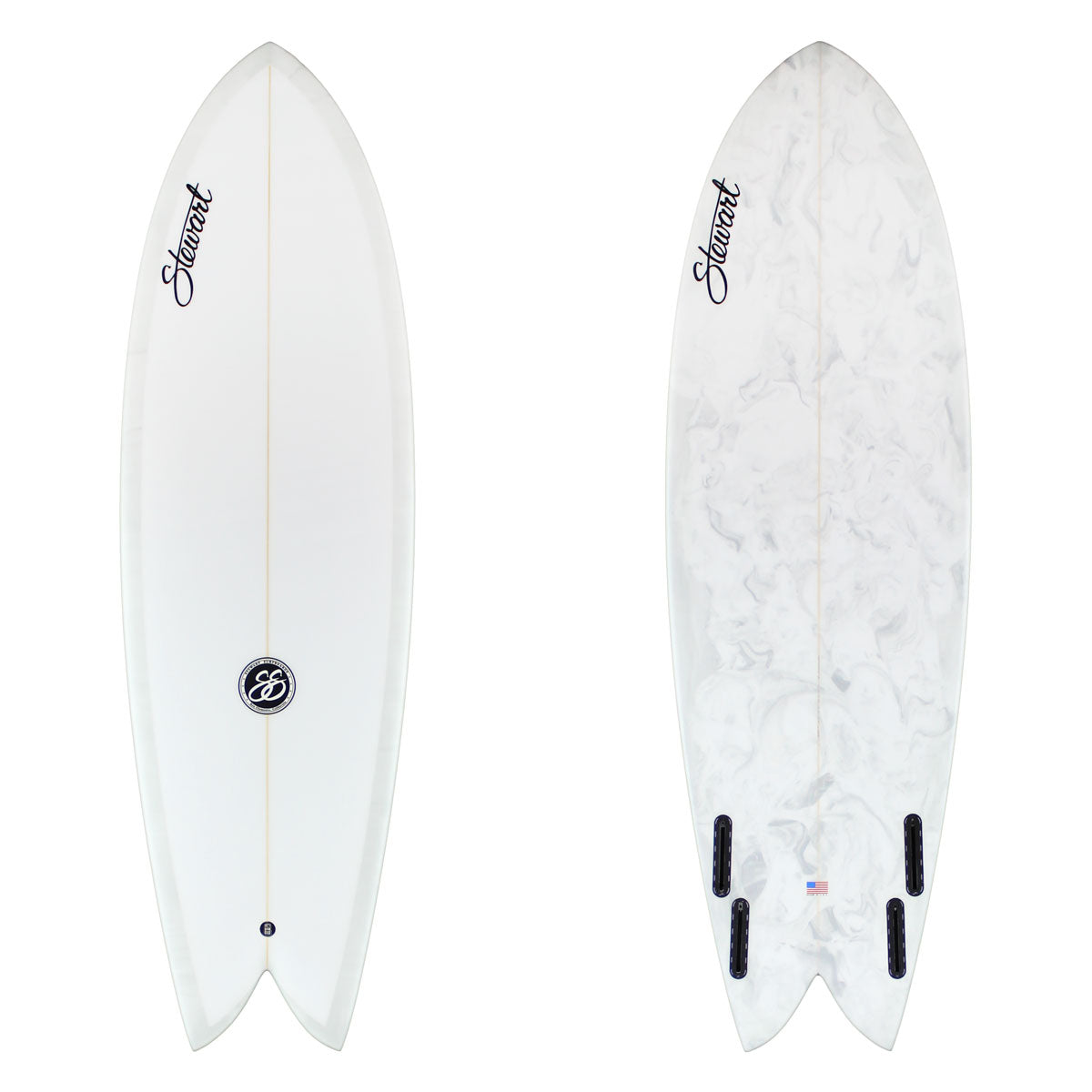 two images of a surfboard with gray and white abstract with black branding