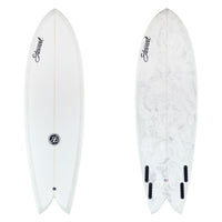 two images of a surfboard with gray and white abstract with black branding