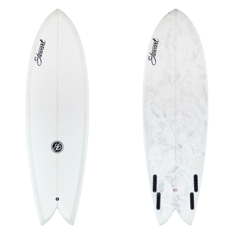 two images of a surfboard with gray and white abstract with black branding
