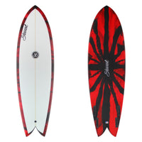 Front and back views of a surfboard on a white background. The front is white with red and black patterned edges, and the back features a bold red and black sunburst design with the brand name 'Stuart' in script.