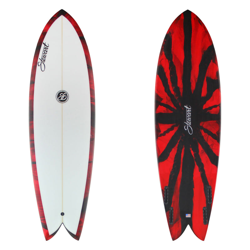 Front and back views of a surfboard on a white background. The front is white with red and black patterned edges, and the back features a bold red and black sunburst design with the brand name 'Stuart' in script.