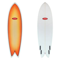 Two views of a surfboard on a plain white background: the top view shows a bright orange-to-yellow gradient with a red oval logo, and the bottom view is predominantly white with black fin hardware and the same red logo.