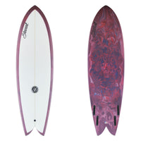 Stewart Fish 6'2" Retro Fish (6'2", 21 5/8, 2 3/4) B#129962 with a purple, pink and blue resin swirl on the bottom and rails