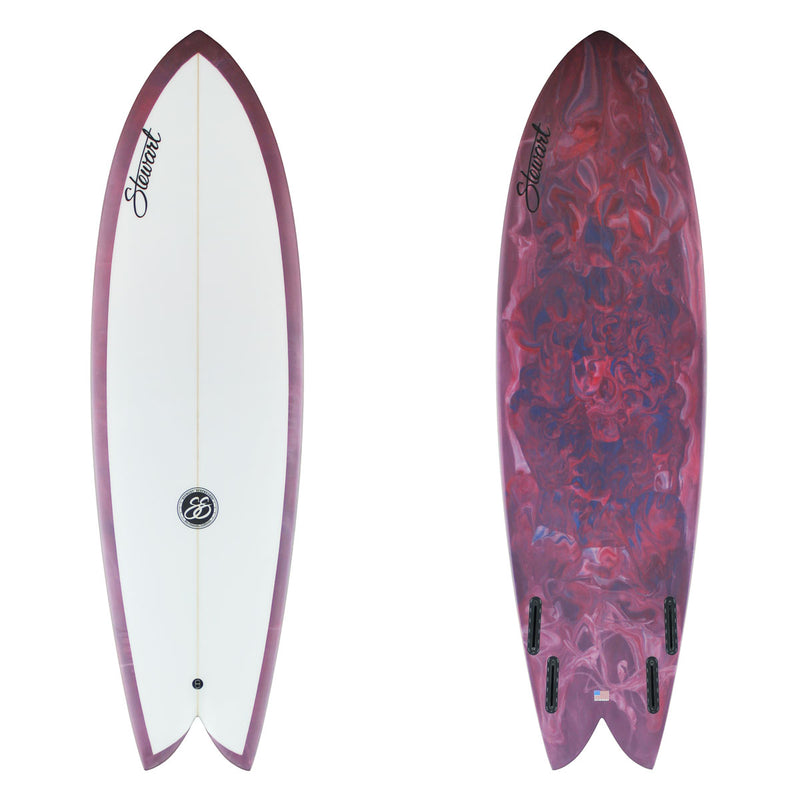 Stewart Fish 6'2" Retro Fish (6'2", 21 5/8, 2 3/4) B#129962 with a purple, pink and blue resin swirl on the bottom and rails
