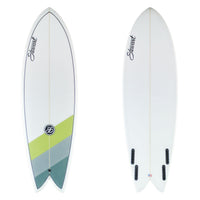 Stewart Shortboard 5'8" Retro Fish (5'8", 20 3/4", 2 5/8") B#130111 Clear bottom with a clear deck. Blue grey and green stripe on deck tail. Black pinline on deck. Black stewart logos, sand only. 