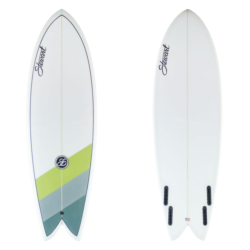 Stewart Shortboard 5'8" Retro Fish (5'8", 20 3/4", 2 5/8") B#130111 Clear bottom with a clear deck. Blue grey and green stripe on deck tail. Black pinline on deck. Black stewart logos, sand only. 