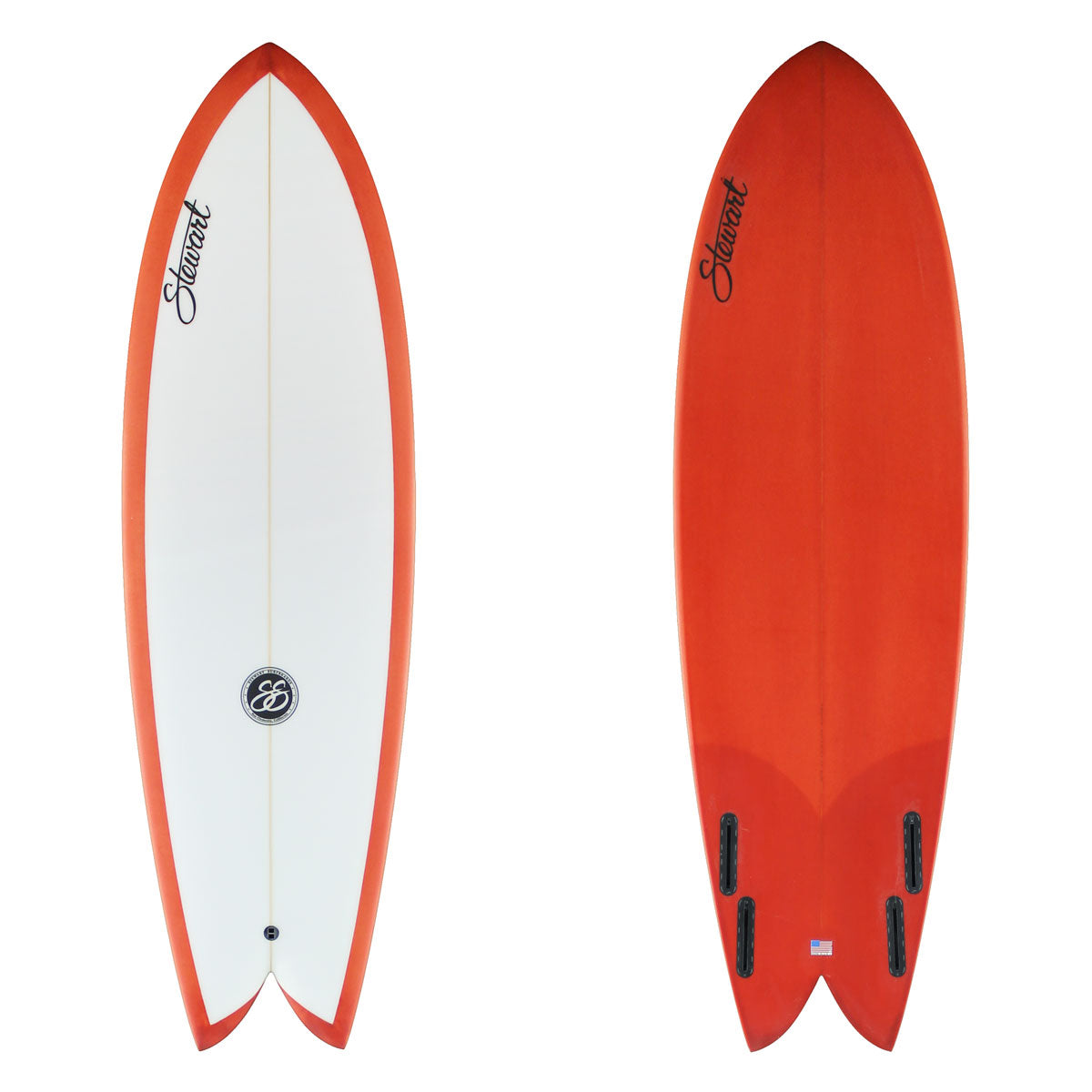 deck and bottom view of a Stewart Retro Fish with an orange tint on the bottom and on the rails of the deck