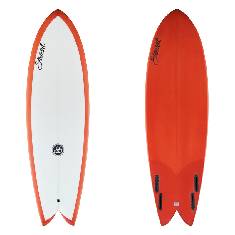 deck and bottom view of a Stewart Retro Fish with an orange tint on the bottom and on the rails of the deck