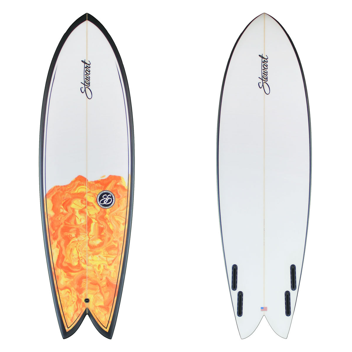 Stewart Shortboard 6'0" Retro Fish (6'0", 21 1/4", 2 3/4") B#130113 Clear bottom with black rails and a clear deck with an orange resin swirl on deck tail. Black pinline on deck. Black stewart logos. Sand Only.