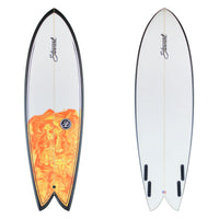 Stewart Shortboard 6'0" Retro Fish (6'0", 21 1/4", 2 3/4") B#130113 Clear bottom with black rails and a clear deck with an orange resin swirl on deck tail. Black pinline on deck. Black stewart logos. Sand Only.