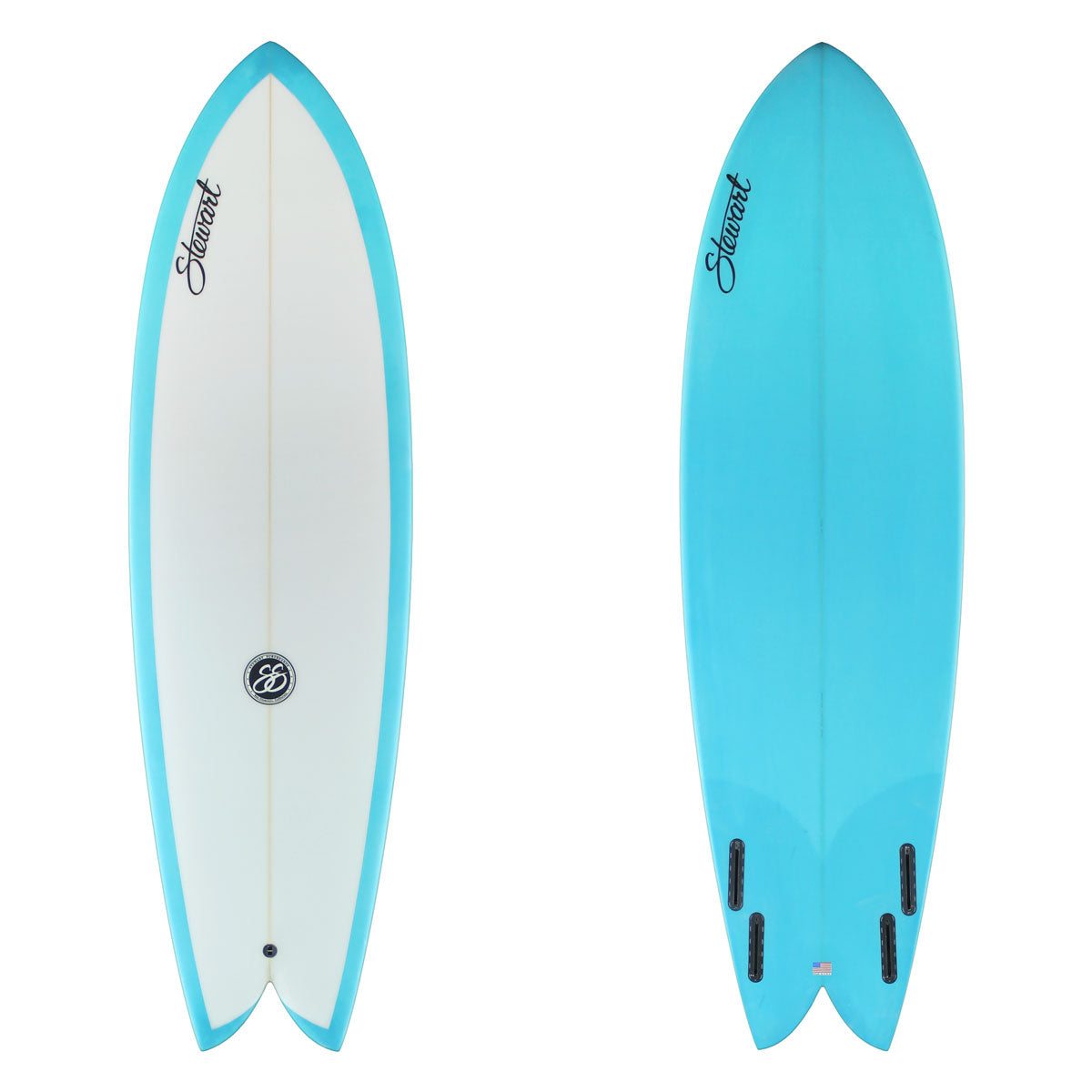 6'6" Retro Fish (6'6", 22 1/4", 3") B#130128 The deck has light blue rails and the bottom is all light blue. There is black branding on both sides.