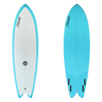 6'6" Retro Fish (6'6", 22 1/4", 3") B#130128 The deck has light blue rails and the bottom is all light blue. There is black branding on both sides.