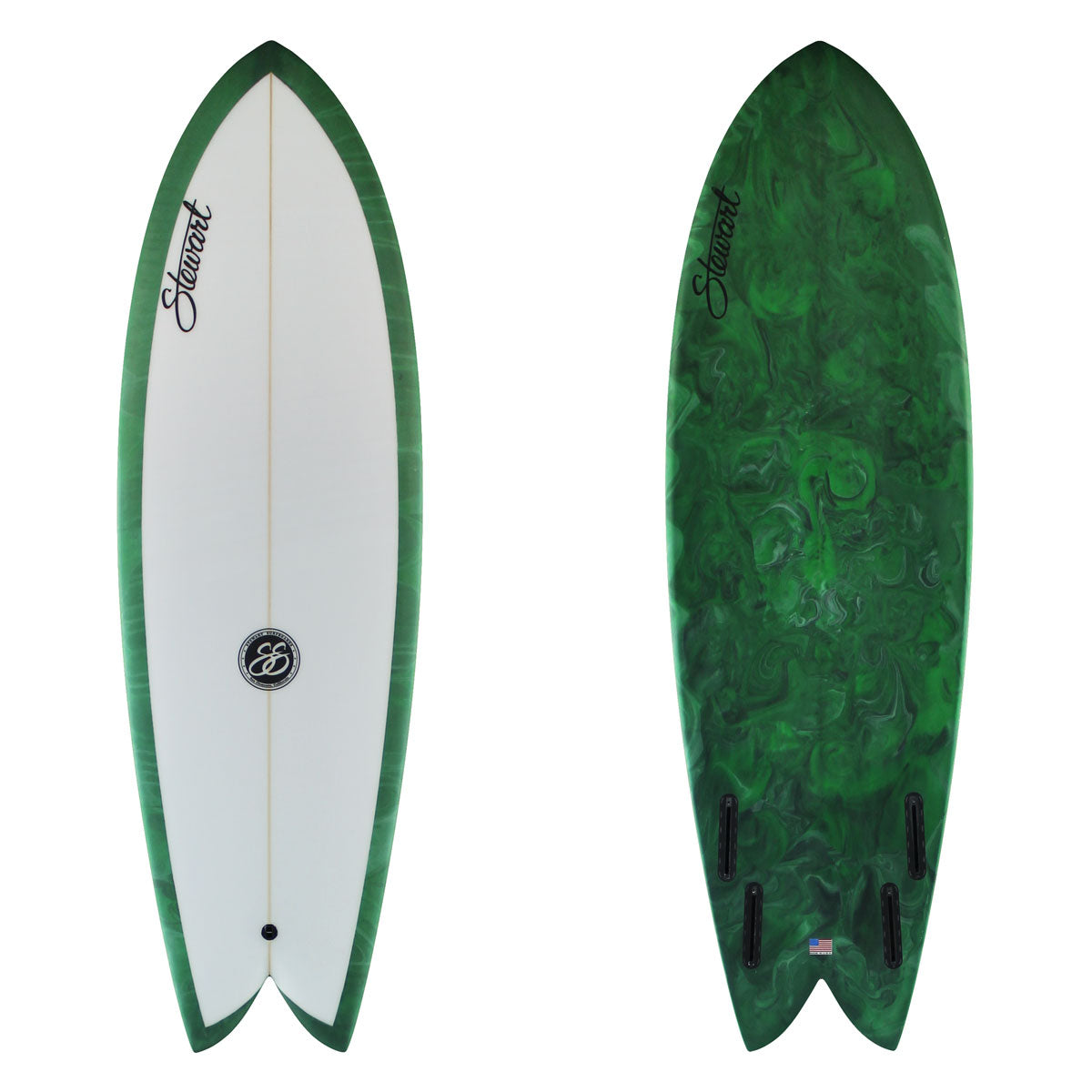 Stewart fish 5'8" Retro Fish (5'8", 20 3/4", 2 5/8") B#130110 with an olive resin swirl on the bottom and rails
