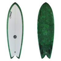 Stewart fish 5'8" Retro Fish (5'8", 20 3/4", 2 5/8") B#130110 with an olive resin swirl on the bottom and rails