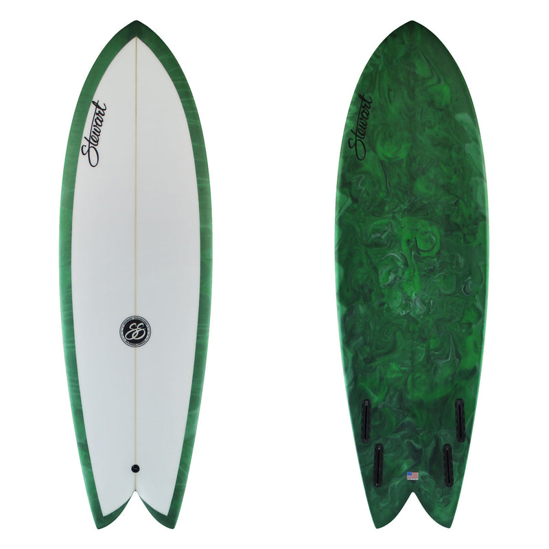 Stewart fish 5'8" Retro Fish (5'8", 20 3/4", 2 5/8") B#130110 with an olive resin swirl on the bottom and rails