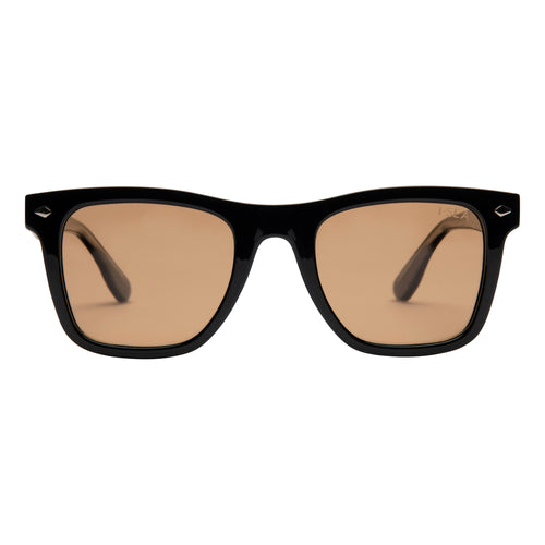 I-Sea Black-framed sunglasses with brown lenses on a white background