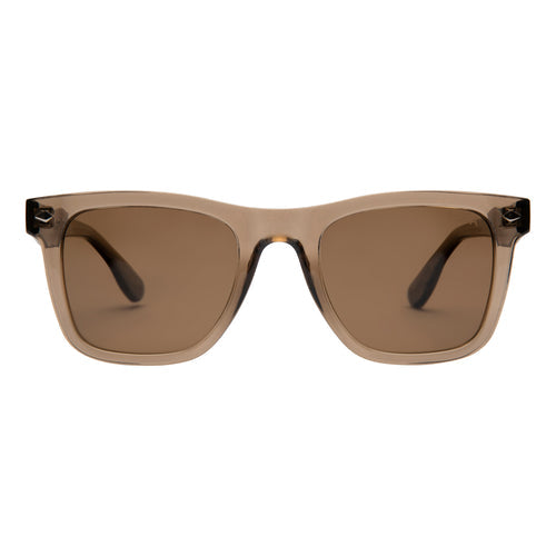 Beige sunglasses with brown lenses on a white background