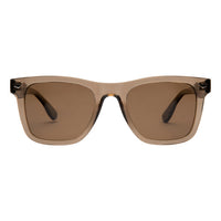 Beige sunglasses with brown lenses on a white background