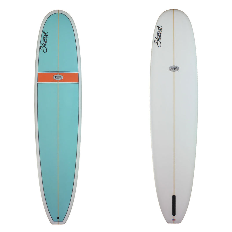 Deck and bottom view of a Stewart Ripster Longboard with a teal deck with an orange stripe and black pinline around the teal and a white deck and sand finish 