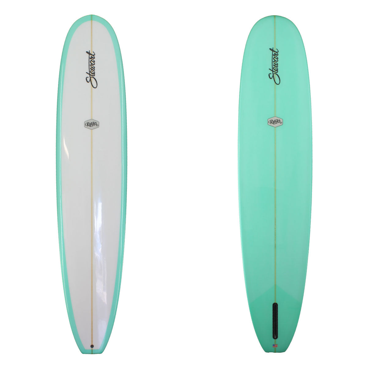 Deck and Bottom View of a stewart ripster with a teal resin  tint with a white deck and a gloss and polish finish 