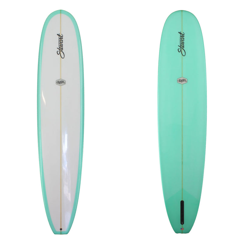 Deck and Bottom View of a stewart ripster with a teal resin  tint with a white deck and a gloss and polish finish 