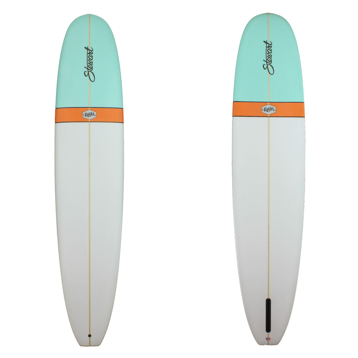 Deck and Bottom View of a Stewart Ripster Longboard with a teal and orange nose and clear on the rest of the board sand finish