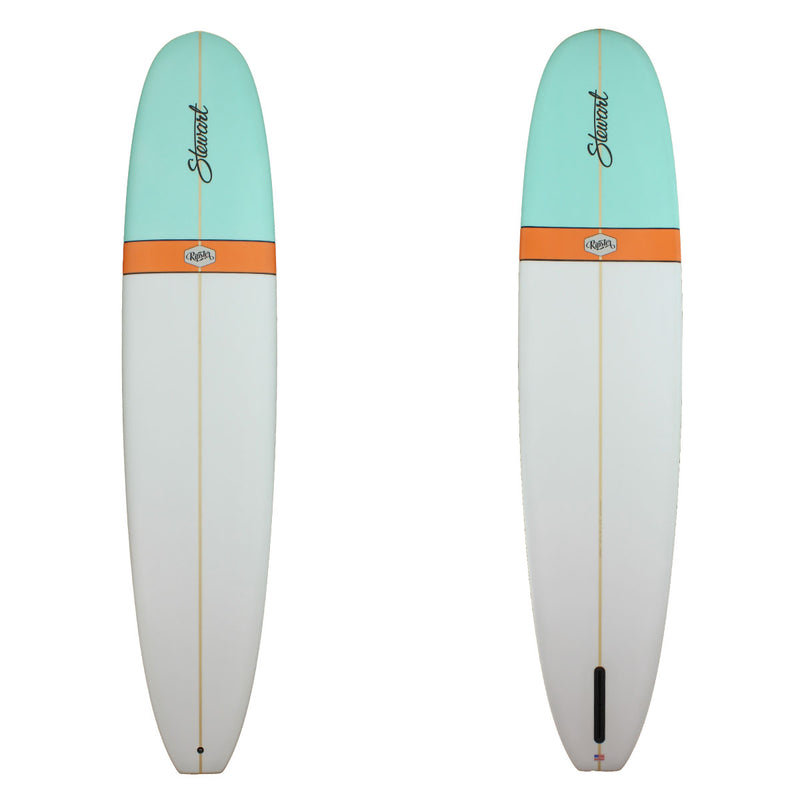 Deck and Bottom View of a Stewart Ripster Longboard with a teal and orange nose and clear on the rest of the board sand finish 