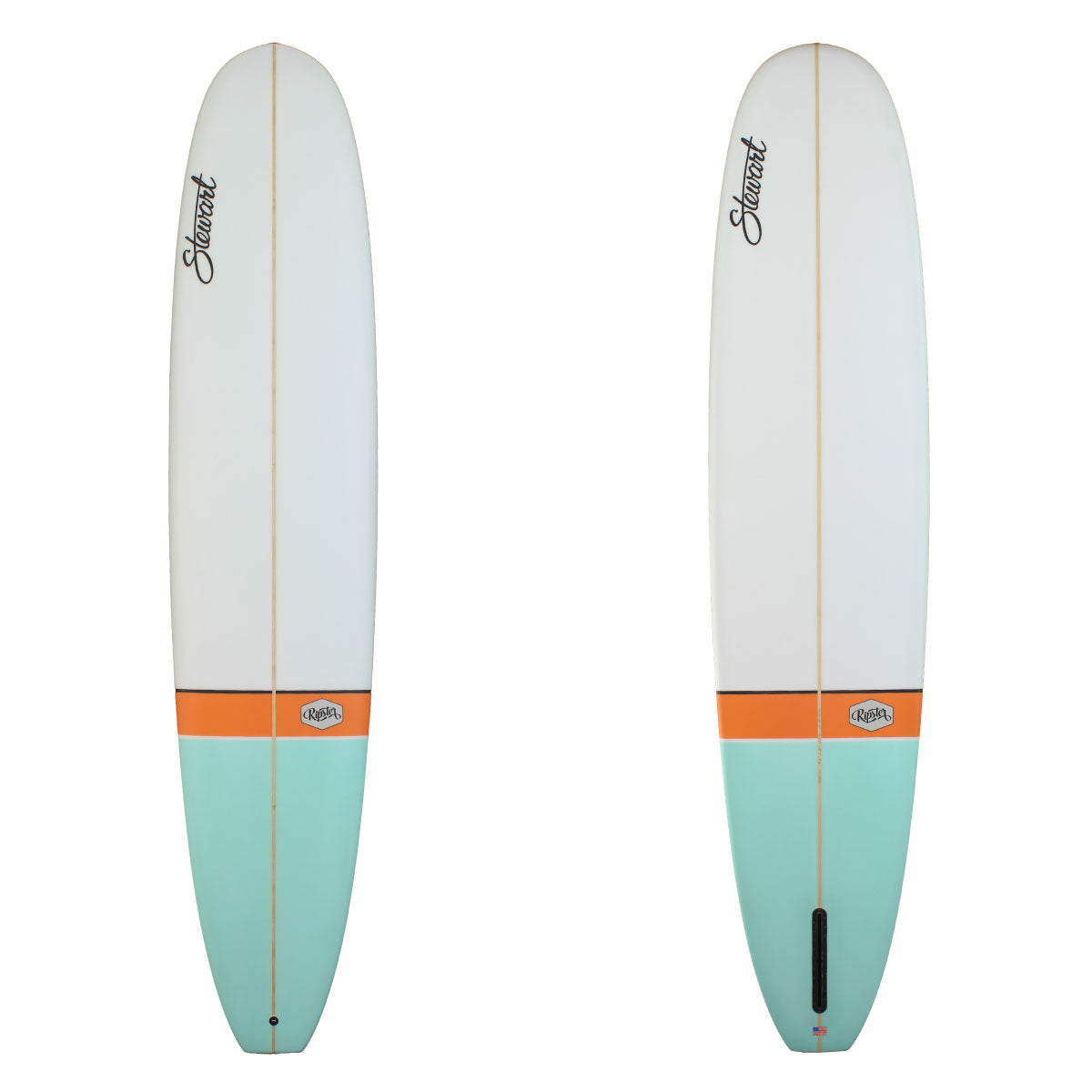 Deck and Bottom of a stewart ripster longboard with a green and orange tail with white on the rest of the board sand finish 