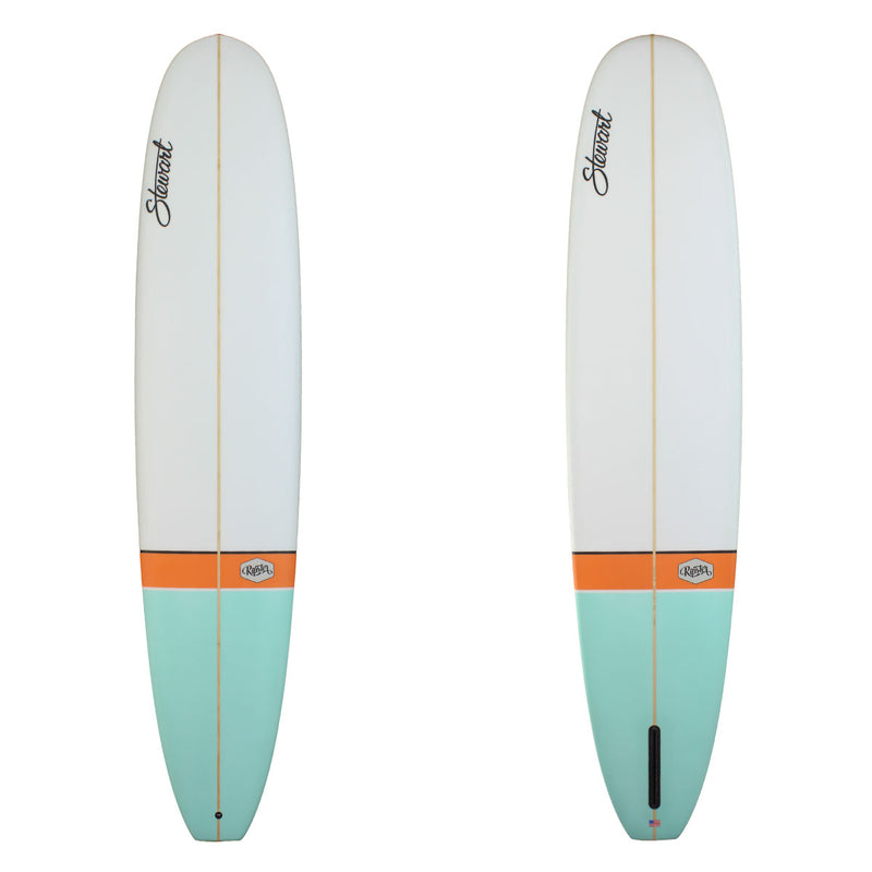 Deck and Bottom of a stewart ripster longboard with a green and orange tail with white on the rest of the board sand finish