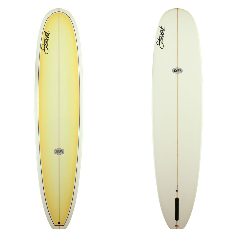 Stewart Surfboards 9'8 Ripster with yellow fad deck panel and black pinline, clear white bottom and rails