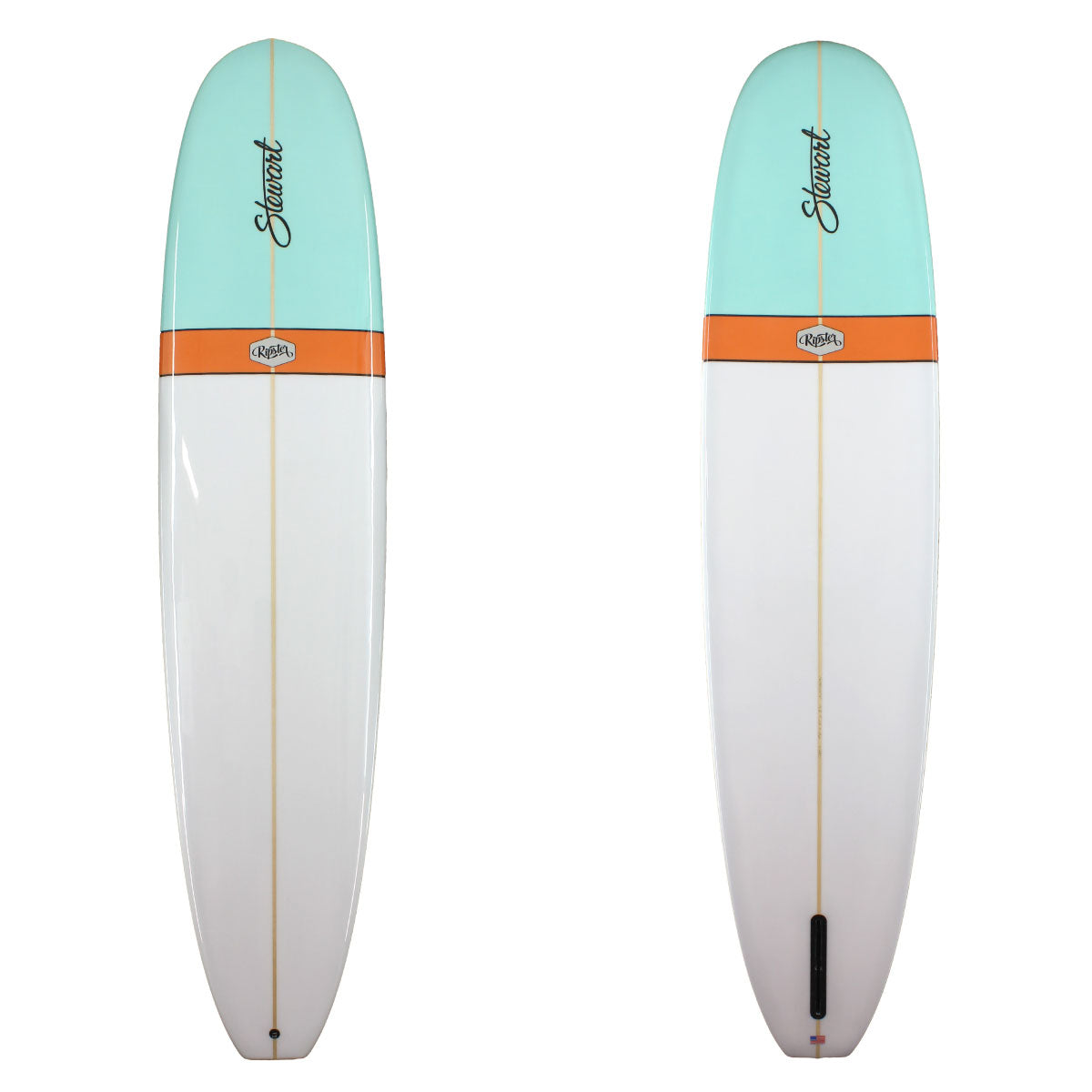 9'6" Stewart Ripster (9'6", 24", 3 1/4") B#128012 longboard with sea foam green nose dip with orange band gloss and polish