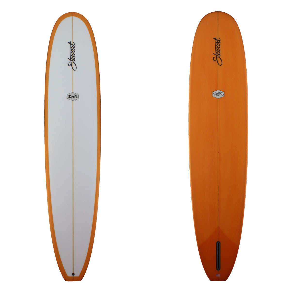 stewart ripster longboard with orange resin color bottom and rails and clear deck 