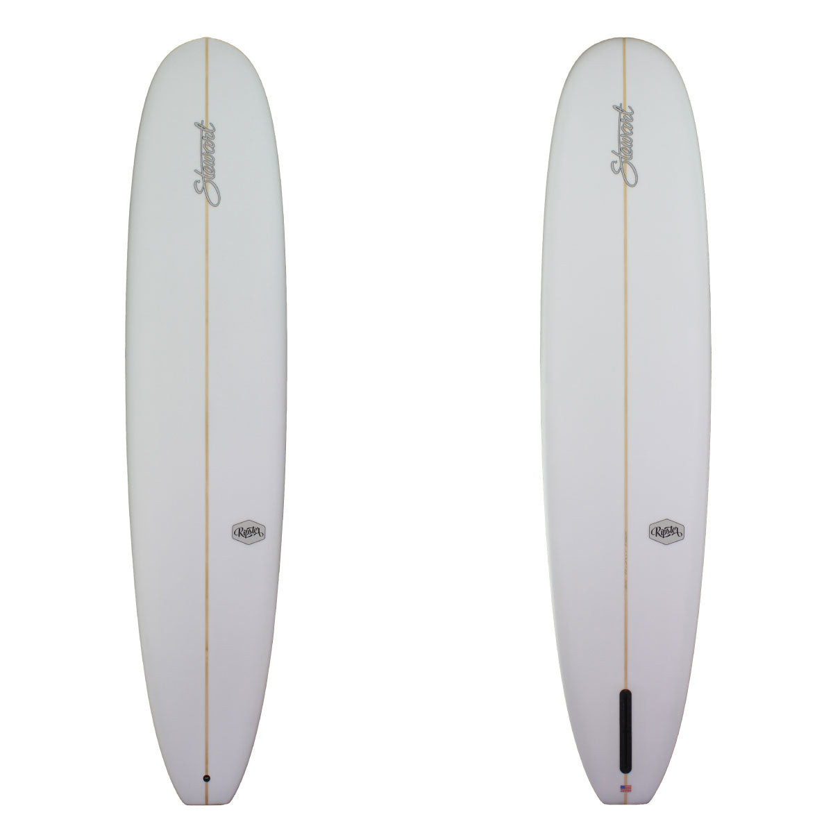 Deck and bottom view of a clear Tipster model surfboard. Sand finish with white Stewart logo on the stringer, toward the nose. Ripster logo adjacent to the stringer toward the tail of the board on each side. Small american flag logo beneath fin box on the bottom of the board.