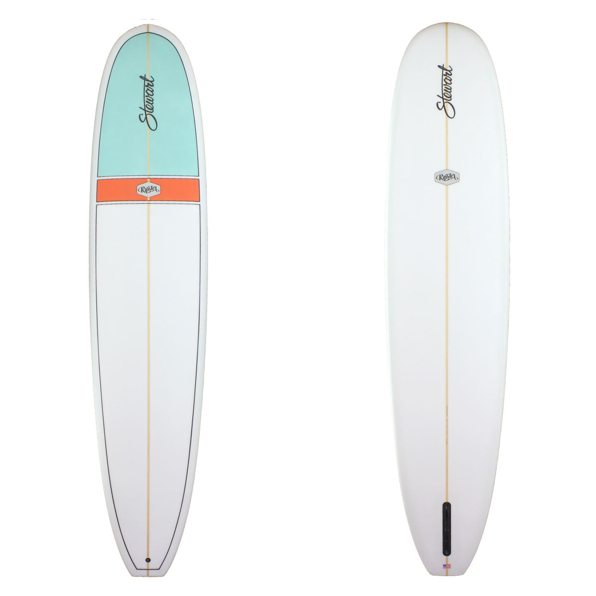 Stewart Longboard 10'0" Ripster (10'0", 24", 3 1/2") B#128431 with a light blue nose panel and orange stripe in the middle on the deck only