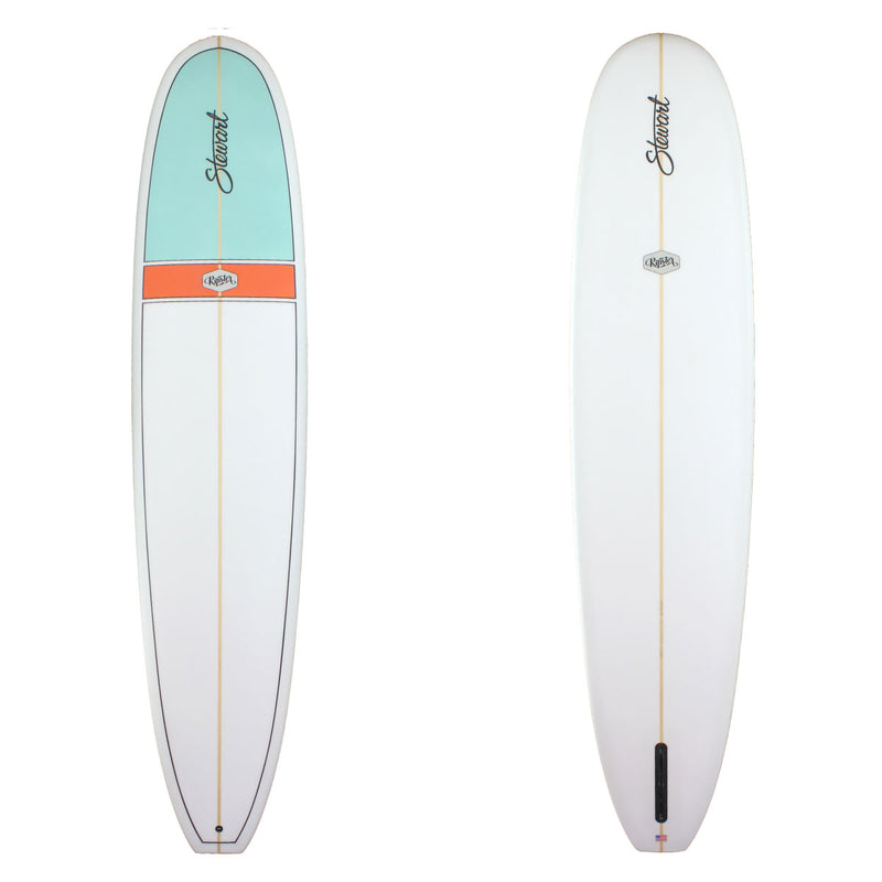 Stewart Longboard 10'0" Ripster (10'0", 24", 3 1/2") B#128431 with a light blue nose panel and orange stripe in the middle on the deck only