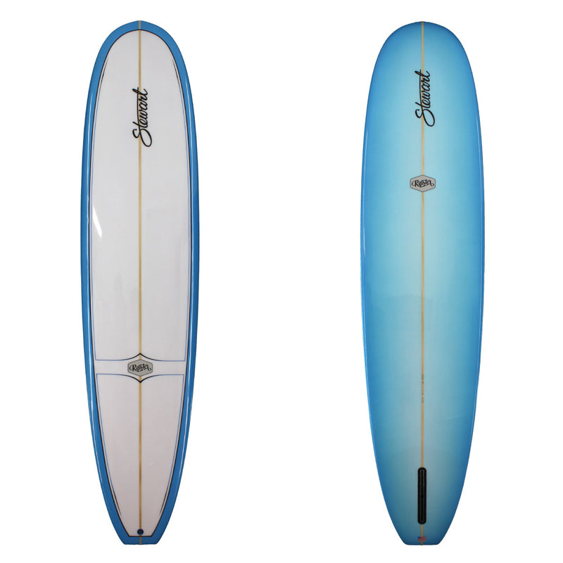 Stewart Longboard 9'2" Ripster (9'2", 23 1/2", 3") B#128506 Gloss & Polish with blue fade on the bottom and rails and blue pin line on the deck