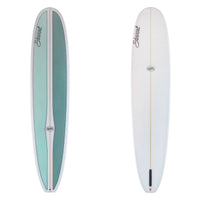 Two views of a surfboard with a brand logo on a white background