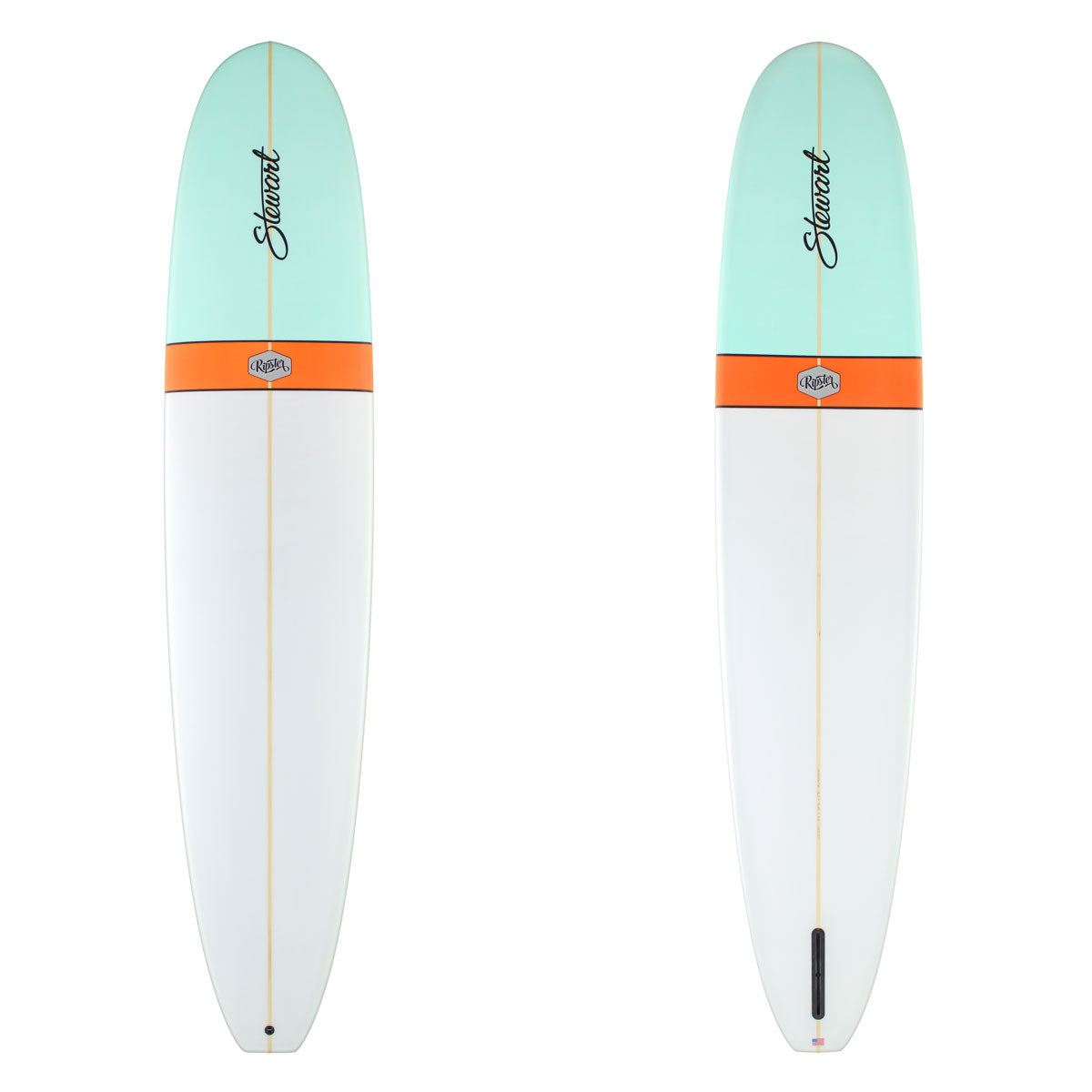 Stewart Longboard 9'4" Ripster (9'4", 23 1/2", 3 1/8") B#129321 with a light blue nose dip and an orange band 