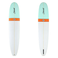 Stewart Longboard 9'4" Ripster (9'4", 23 1/2", 3 1/8") B#129321 with a light blue nose dip and an orange band 