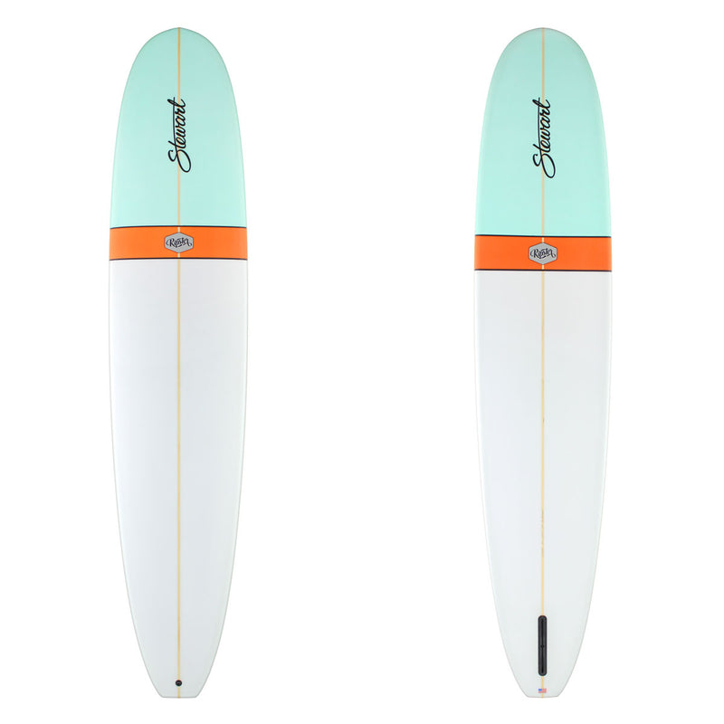Stewart Longboard 9'4" Ripster (9'4", 23 1/2", 3 1/8") B#129321 with a light blue nose dip and an orange band 