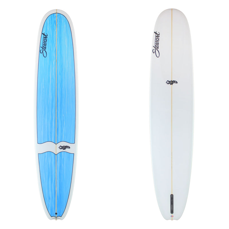 Two surfboards, one blue and white, the other white with a logo, on a white background.