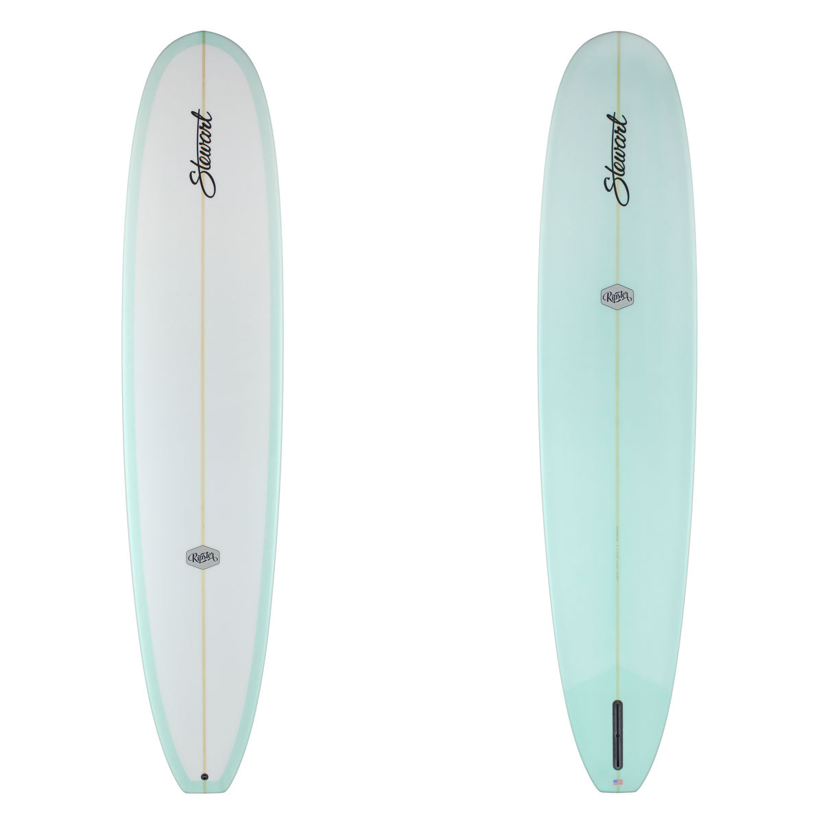 Two light blue surfboards with brand logos on a white background