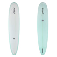 Two light blue surfboards with brand logos on a white background