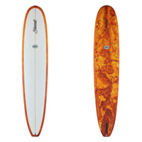 Two views of a surfboard with a white front and orange marbled back on a white background.