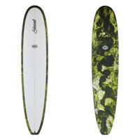 Two surfboards, one white and one with green floral pattern, on a white background.
