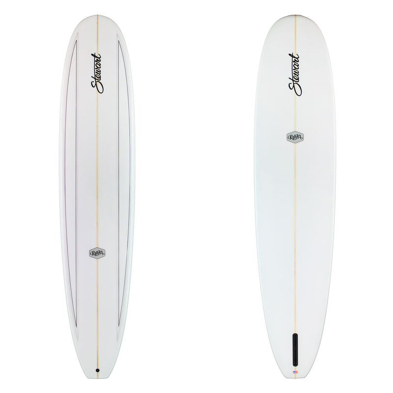 White surfboard with black text and yellow accents on a white background
