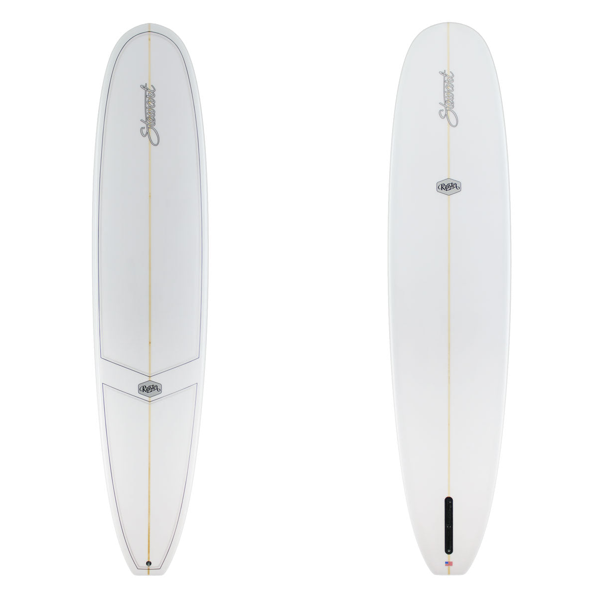 Two surfboard images. The top is white with black and gray pinlines and black branding. The bottom is white with back branding.