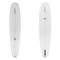 Two surfboard images. The top is white with black and gray pinlines and black branding. The bottom is white with back branding.