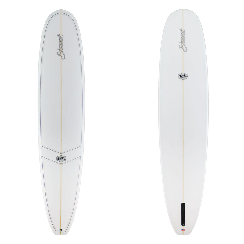 Two surfboard images. The top is white with black and gray pinlines and black branding. The bottom is white with back branding.