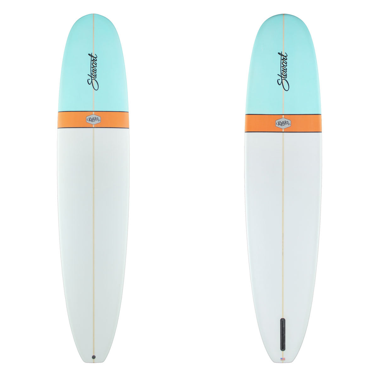 Stewart Longboard 9'6" Ripster (9'6", 24", 3 1/4") B#129546 ith a light blue nose dip and an orange band